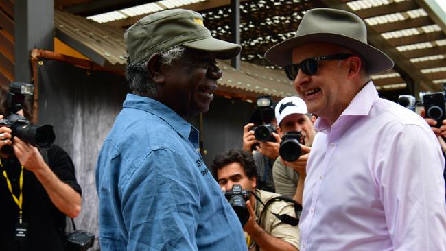 Prime Minister Anthony Albanese meets with Djawa Yunupingu on Friday, at the Garma Festival. Picture: Zizi Averill