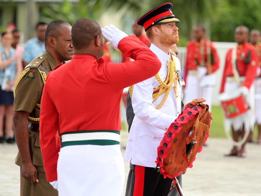 The Duke of Sussex Prince Harry visits the National War Memorial in Suva on day two of the tour of Fiji. Picture: Nathan Edwards.