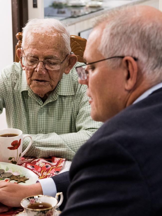 Mr Morrison meets World War II veteran Syd Kinsman ahead of Anzac Day. Picture: James Brickwood