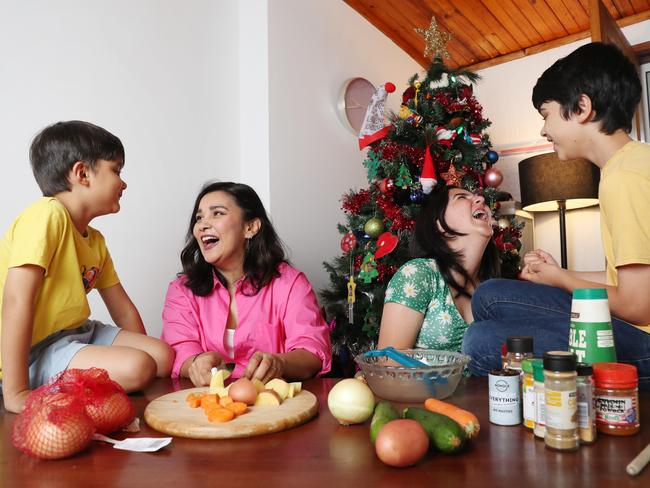 29/12/22: Author Saman Shad with her children, Nyle, Milan(girl) and Kaiden Shad-Sharpe at their home in Chatswood for The Australian's summer cookbook. John Feder/The Australian.