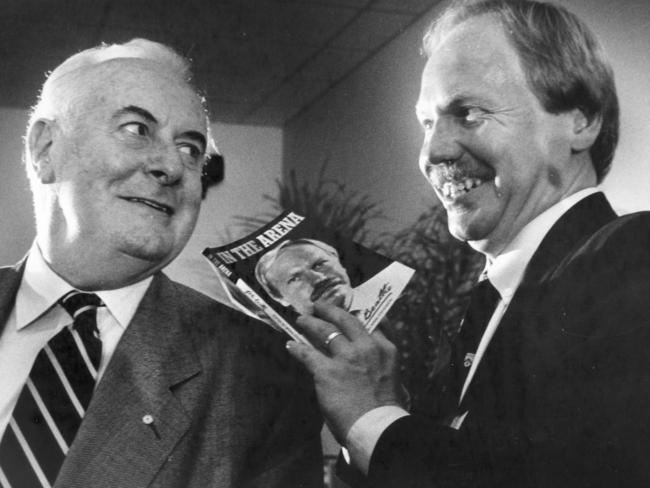 29/09/2010 NEWS: 28 November 1990 ---Peter Beattie gives former Labor Prime Minister Gough Whitlam an autographed copy of this book. Picture: Peter Barnes