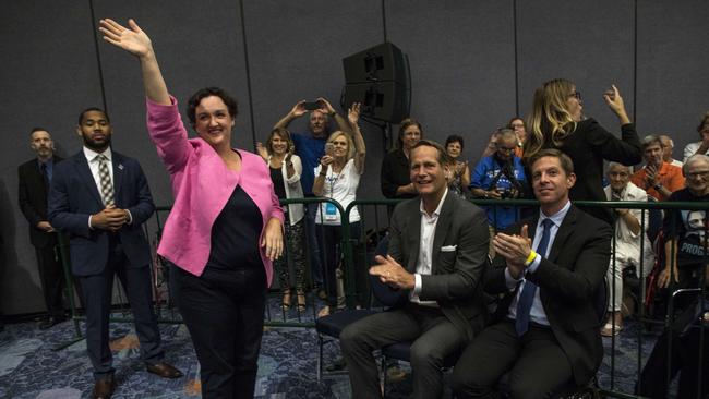 Katie Porter waves to the crowd after former President Barack Obama introduced her at a Democratic Congressional Campaign Committee rally. Picture: Getty