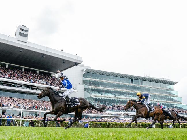 Gold Trip (FR) ridden by Mark Zahra wins the Lexus Melbourne Cup at Flemington Racecourse on November 01, 2022 in Flemington, Australia. (Photo by Brett Holburt/Racing Photos via Getty Images)