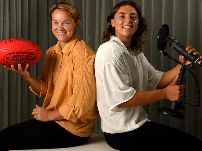 Courtney Cramey and Ebony Marinoff have a new women’s football podcast with The Advertiser called CJ and the Noff. Picture: Tricia Watkinson