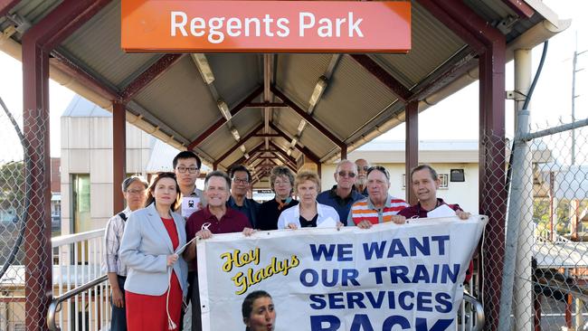 Bankstown state Labor MP Tania Mihailuk, second left and Roydon Ng, third left, at Regents Park station during a protest against the new Metro, in September 2018. Picture: Simon Bullard