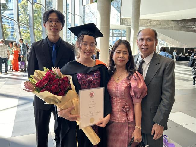 The Oum family at the Australian Catholic University with a Bachelor of Nursing on April 16, 2024. Picture: Brittany Busch