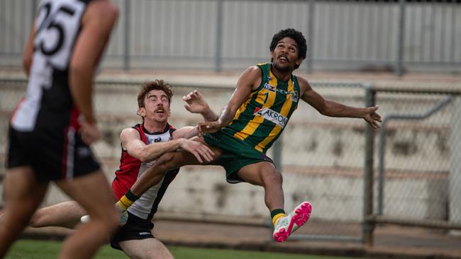 Jordyn Cotter and Liam Holt-Fitz in the Southern Districts vs PINT 2023-24 NTFL men's elimination final. Picture: Pema Tamang Pakhrin