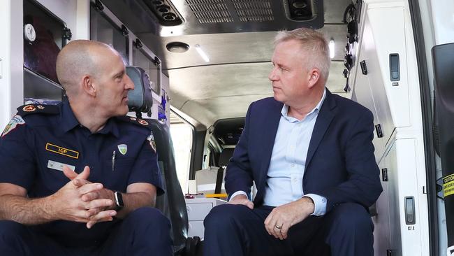 Joe Acker of Ambulance Tasmania with Premier Jeremy Rockliff.  First day on the job for new Premier Jeremy Rockliff with an event at Dodges Ferry Ambulance Station.  Picture: Nikki Davis-Jones