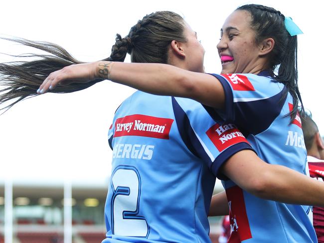 NSW's Jessica Sergis after her first try during the NSW v QLD Interstate Challenge.