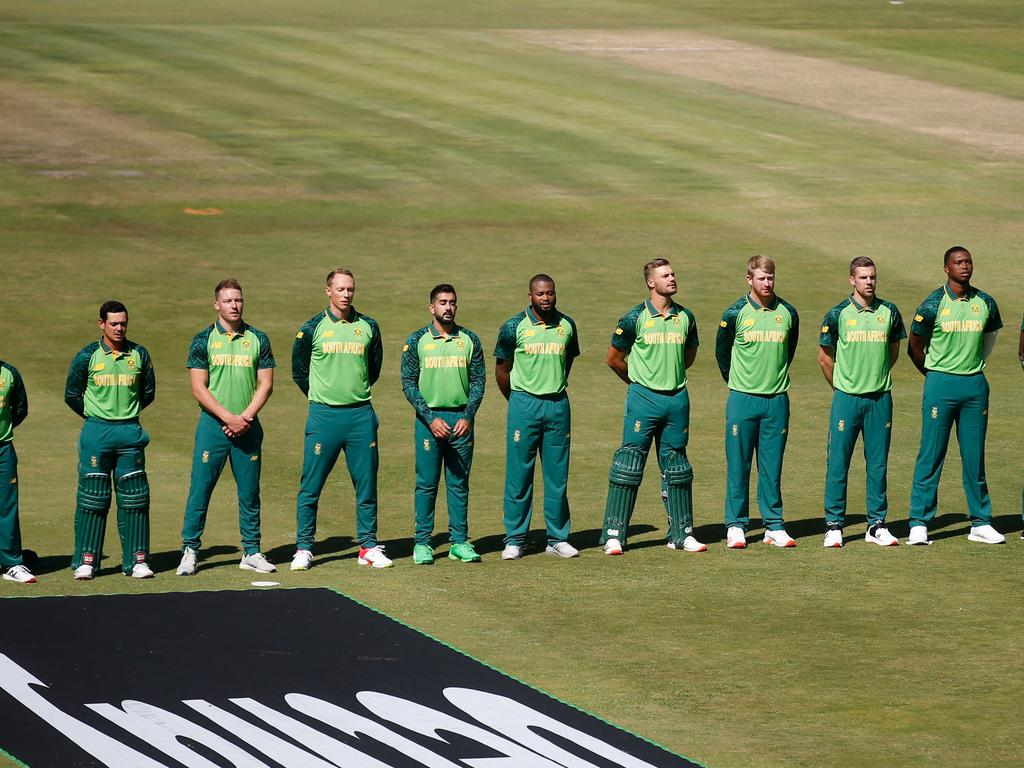 The South African team sing the national anthem ahead of the first one-day international.