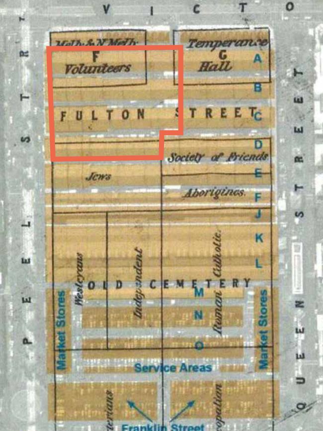 Map of the Old Melbourne Cemetery, currently the site of the Queen Victoria Market. The red line indicates the location of the proposed underground operations.