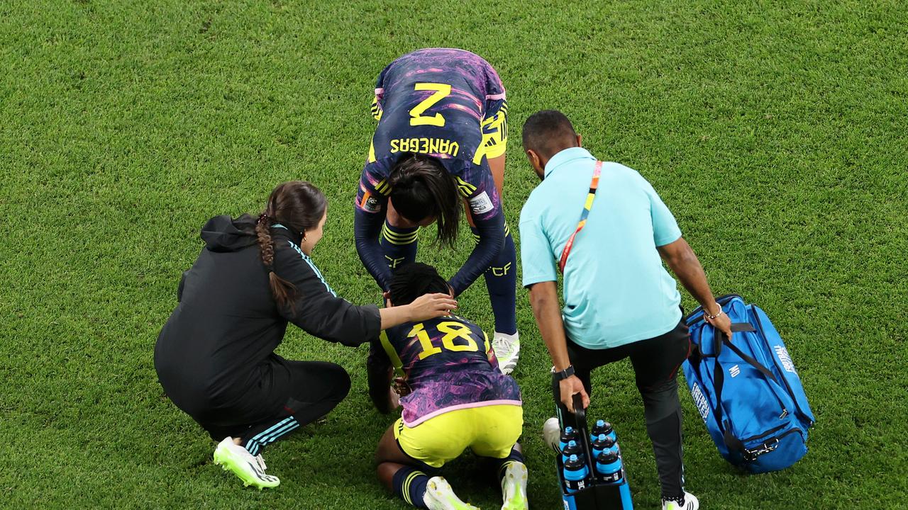 Linda Caicedo receives medical attention during Colombia’s win against Germany. Picture: getty