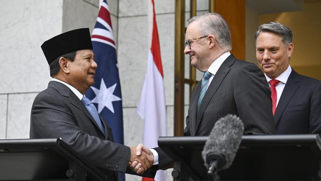 Anthony Albanese with Indonesia’s president-elect Prabowo Subianto in Canberra in August, as Deputy Prime Minister Richard Marles looks on. Picture: Martin Ollman/NewsWire