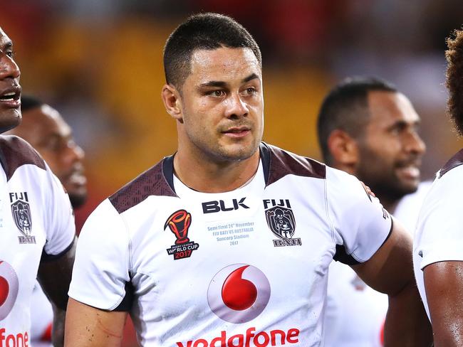 BRISBANE, AUSTRALIA - NOVEMBER 24:  Jarryd Hayne of Fiji looks dejected after an Australia try during the 2017 Rugby League World Cup Semi Final match between the Australian Kangaroos and Fiji at Suncorp Stadium on November 24, 2017 in Brisbane, Australia.  (Photo by Mark Kolbe/Getty Images)