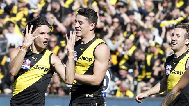 Daniel Rioli celebrates a goal. Picture: David Caird