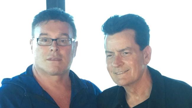 Ultra Tune owner Sean Buckley with Charlie Sheen in Melbourne during filming.