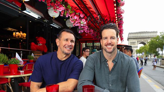 Matthew Johns and James Magnussen together on the Champs-Elysees for their new podcast “Matty and the Missile”. Picture: Adam Head