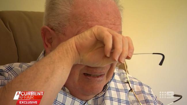 Ron Train, the father of police killers Nathaniel and Gareth, broke down during an interview with A Current Affair. Picture: Channel 9