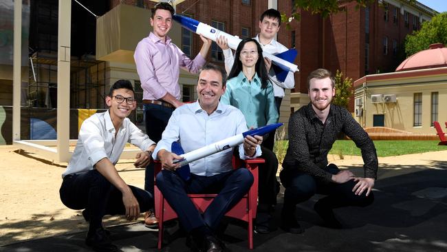 Premier Steven Marshall and Dr Thi Phong-Cac Nguyen with students graduating from the International Space Studies Program: Thien Nguyen, Eamon Lawson, Kyle Faulkner and Max Wayne at Lot Fourteen. Picture: Tricia Watkinson