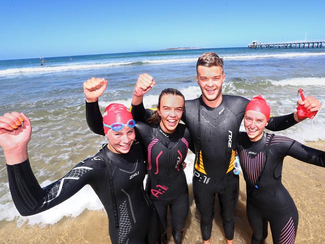 Anglesea SLSC members swimming The Rip.Catie Ragg, Marli Wilkinson, Jacob Wilkinson and Kate Owenpicture: Glenn Ferguson