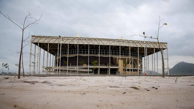 Outside the abandoned Olympic aquatics stadium in Rio de Janeiro, Brazil.