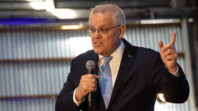 Scott Morrison makes a point during his campaign rally at the RFDS Hanger at the Launceston Airport. Picture: Jason Edwards