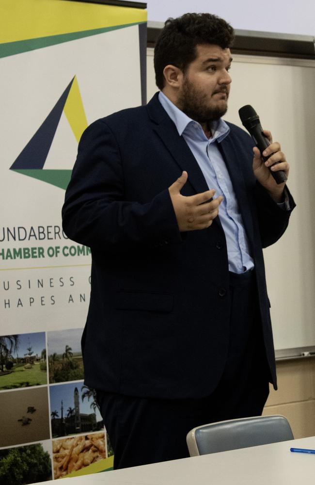 Mayoral candidate Levi Horvath speaking at the Bundaberg mayoral forum 2024.