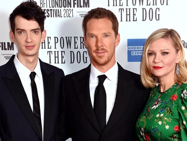 LONDON, ENGLAND - OCTOBER 11: Kodi Smit-McPhee, Kirsten Dunst and Benedict Cumberbatch attend "The Power Of The Dog" UK Premiere during the 65th BFI London Film Festival at The Royal Festival Hall on October 11, 2021 in London, England. (Photo by Dave J Hogan/Getty Images)