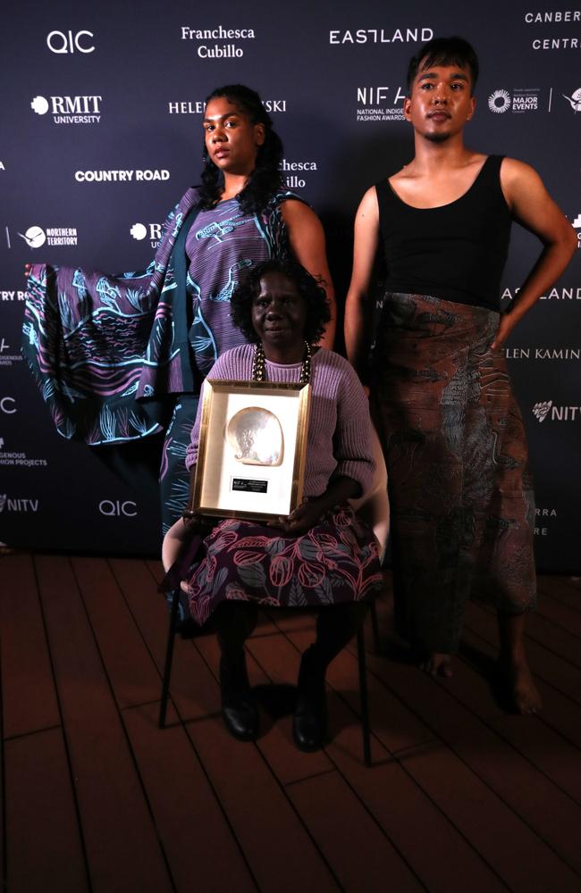 Bábbarra Women's Centre artist Jay Jurrupula Rostron won the Textile Design Award, with two models showcasing her print at the 2024 National Indigenous Fashion Awards on Larrakia Country, Darwin. Picture: Zizi Averill