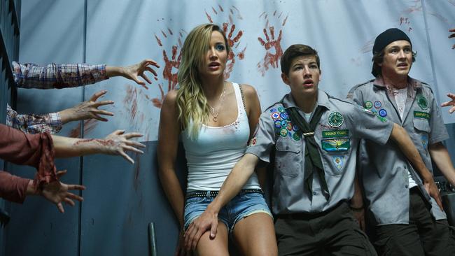 Left to right: Sarah Dumont plays Denise, Tye Sheridan plays Ben and Logan Miller plays Carter in SCOUTS GUIDE TO THE ZOMBIE APOCALYPSE from Paramount Pictures.