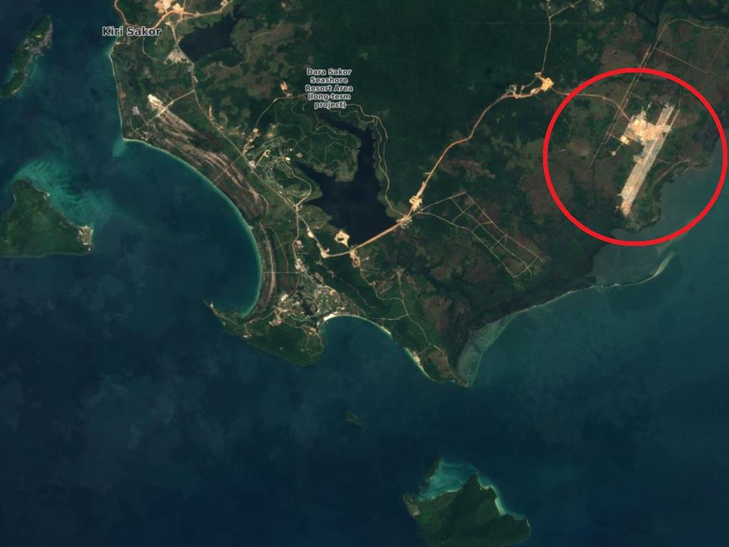 The suspicious airfield under construction, right, and the Dara Sakor Seashore Resort project. Picture: ESA/Copernicus Open Access Hub