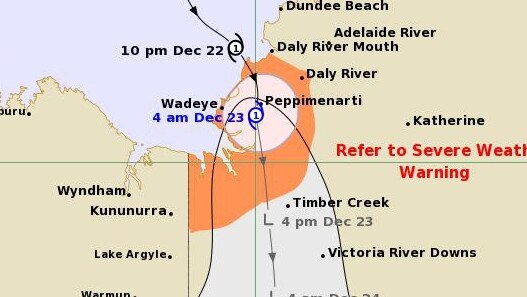 Tropical Cyclone Ellie is moving south after crossing the NT coast on Thursday night. Picture: Bureau of Meteorology