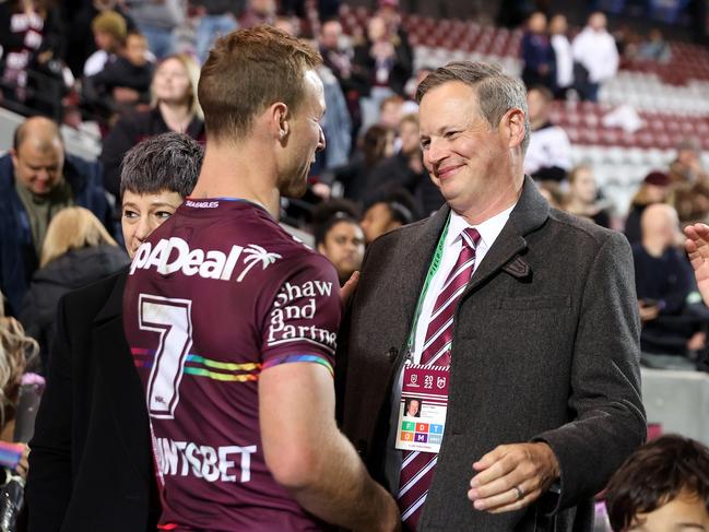 Captain Daly Cherry-Evans and chairman Scott Penn embrace after the 2022 ‘Pride Round’. Picture: Getty Images