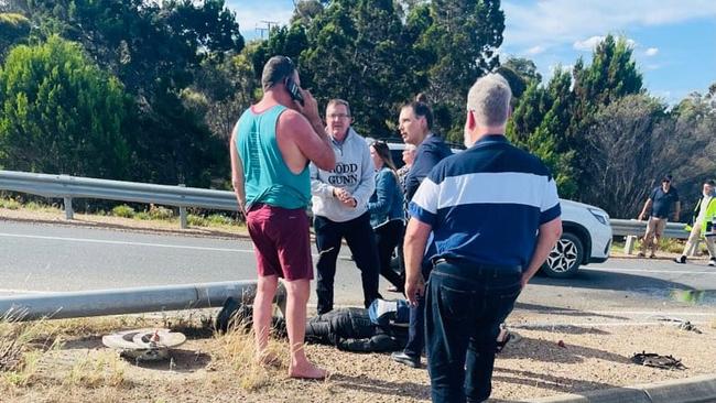 The motorbike rider on the ground following the Murray Bridge hit-run crash. Picture: Supplied