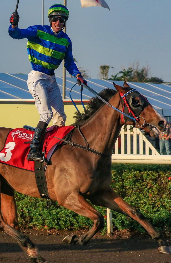 The Gary Clark trained Playoffs ridden by Jarrod Todd scored an emotional win in the Great Northern Darwin Cup. Picture: Glenn Campbell