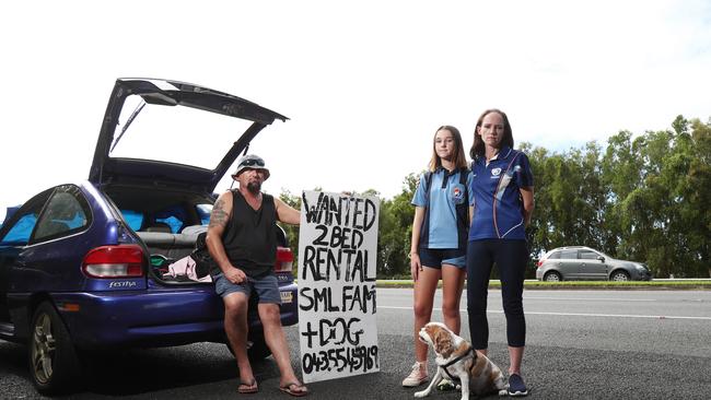 Tommy Vucetic, his partner Lee Maynard and their daughter Claudia Vucetic, 13, have found themselves homeless with their dog Sparticus after they moved out from their rental of 7 years and their landlord refused to give them a reference. Picture: Brendan Radke