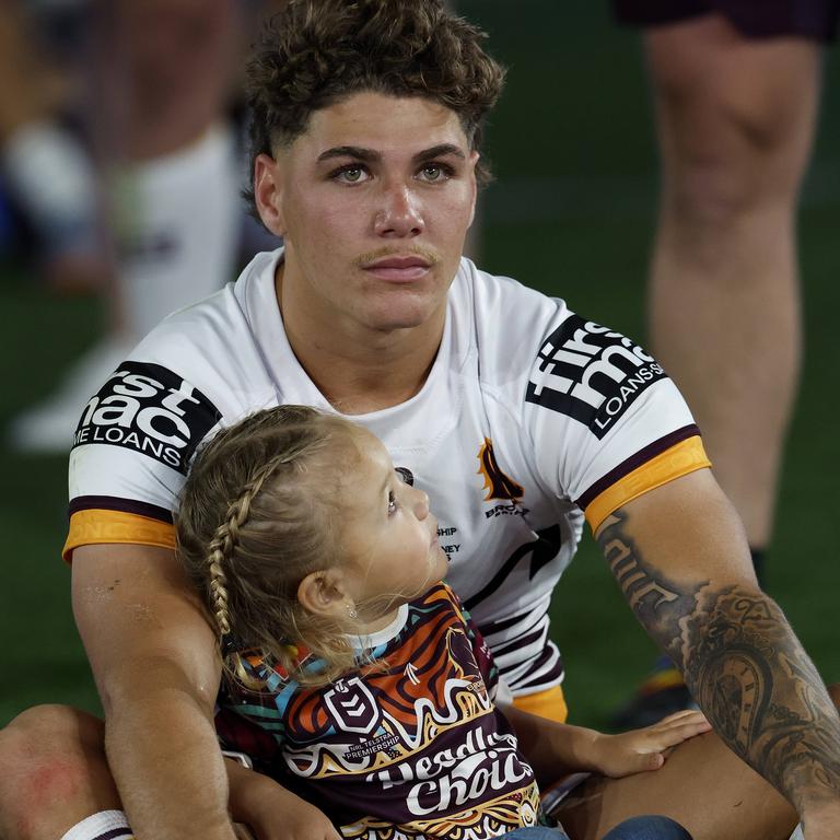 Walsh and daughter Leila after the grand final loss. Picture: Adam Head