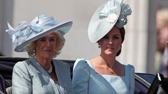 Camilla, Duchess of Cornwall (l) and Catherine, Duchess of Cambridge travelling together. Picture: AFP