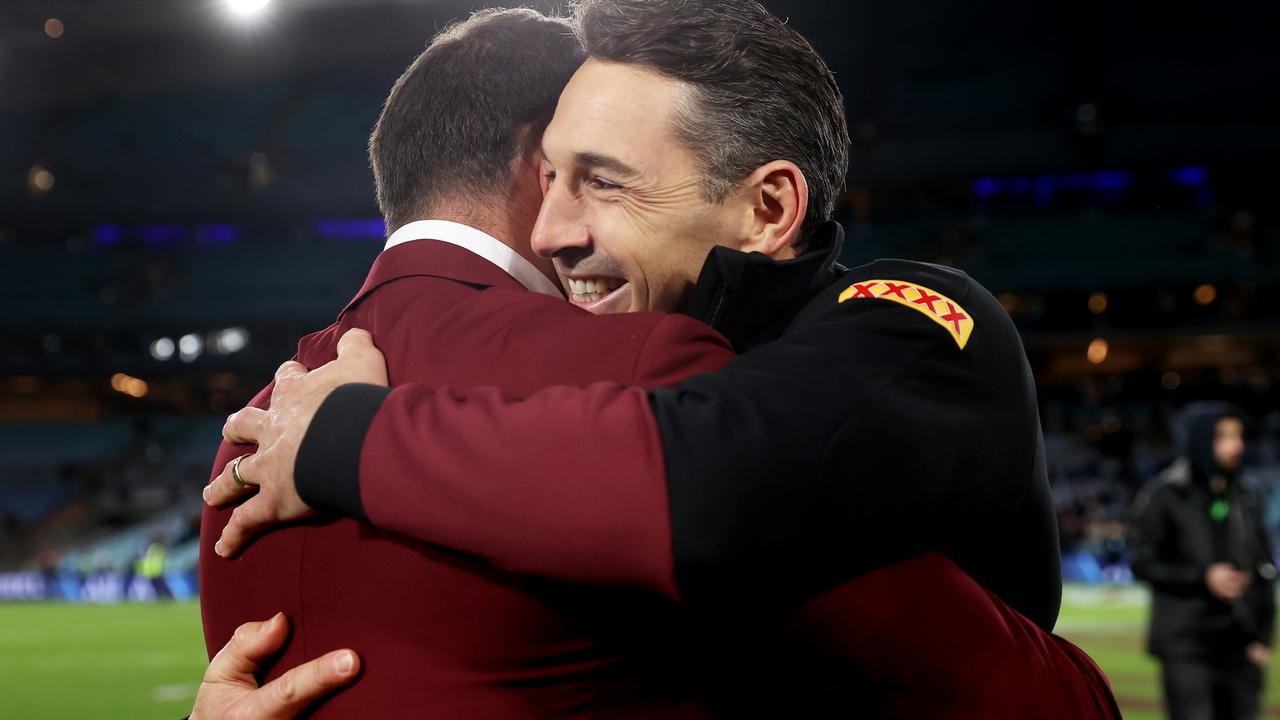 Slater embraces Cameron Smith as they celebrate victory after game one of the 2022 State of Origin series.