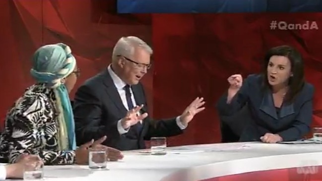 Yassmin Abdel-Magied, host Tony Jones and Tasmanian senator Jacqui Lambie on the Q &amp; A panel.