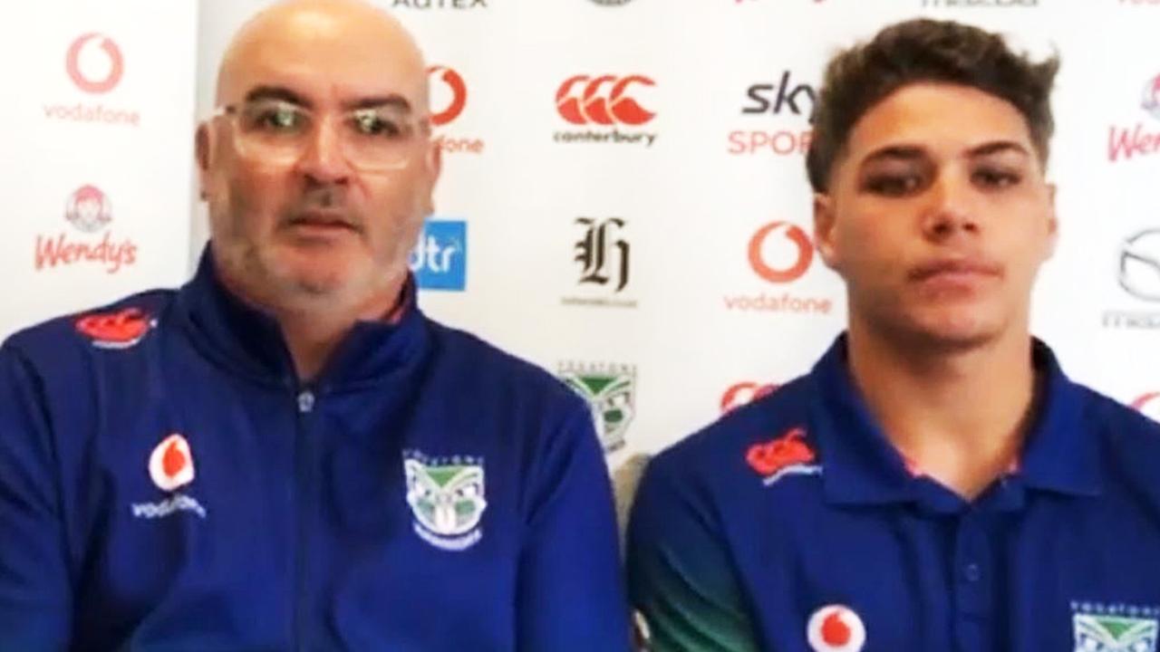 New Zealand Warriors CEO Cameron George and fullback Reece Walsh during a Zoom press conference after Walsh was busted with cocaine by police.