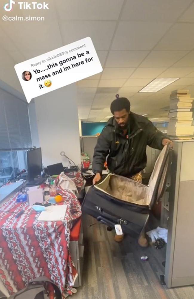 He brought many of his belongings to the office in bags and suitcases. Picture: TikTok/calm.simon
