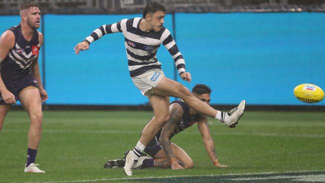 Geelong debutant Brad Close joined a select group with his first kick in footy. Picture: Getty Images