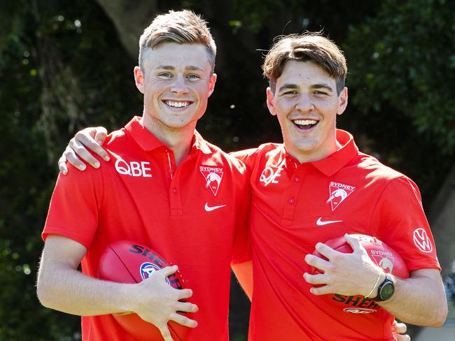 SYDNEY, AUSTRALIA - DECEMBER 10: Braeden Campbell (L) of the Swans and Errol Gulden of the Swans pose for a photo during a media opportunity following the 2020 AFL Draft at Lakeside Oval  on December 10, 2020 in Sydney, Australia. (Photo by Jenny Evans/Getty Images)