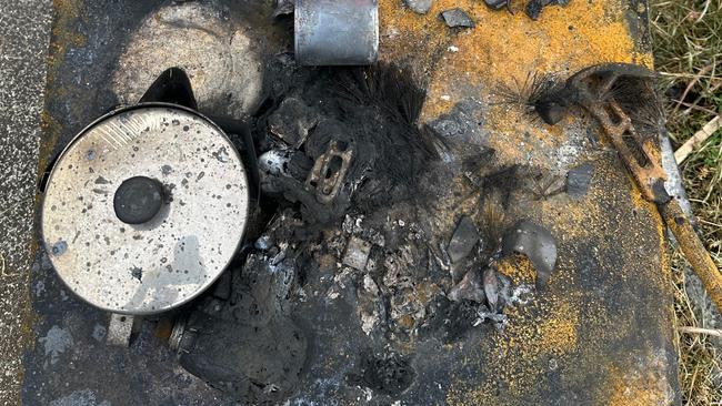 Remains of a fire that destroyed a factory and part of a house near Lennox Head on Wednesday. Picture: Savannah Pocock