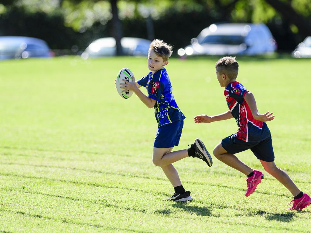 Jaxon Uebergang on the way to try for Glenvale State School in the inaugural Primary Interschools Reconciliation Touch Carnival hosted by Glenvale State School, Wednesday, May 28, 2025. Picture: Kevin Farmer