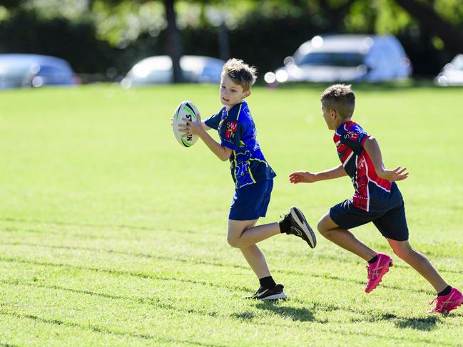 Jaxon Uebergang on the way to try for Glenvale State School in the inaugural Primary Interschools Reconciliation Touch Carnival hosted by Glenvale State School, Wednesday, May 28, 2025. Picture: Kevin Farmer