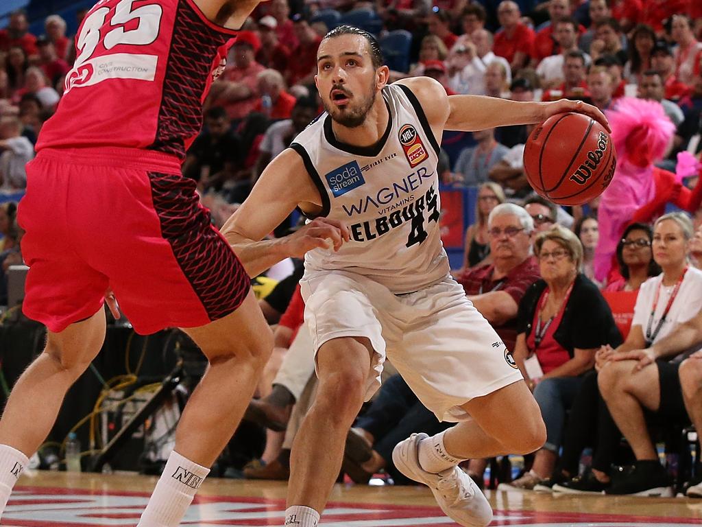 Melbourne United’s Chris Goulding in action against the Wildcats on Saturday. Goulding jarred his knee late in the match. Picture: Getty Images