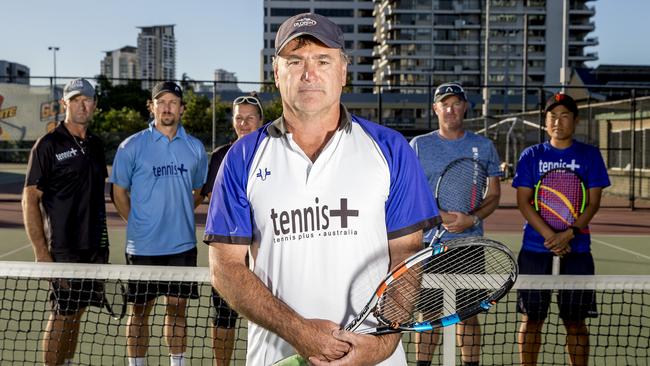 Queens Park Tennis club lease holder John Birrell is upset at the new Southport development plan that will see them relocated. Coaches Wes Pope, Gavin Vickers, Helena Franko, John Birrell, Jamie Atkinson, Chiaki Ito. Picture: Jerad Williams