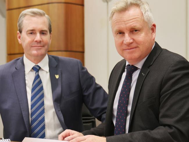 Treasurer Michael Ferguson and Premier Jeremy Rockliff in the budget lock up 2024.  Picture: Department of Premier and Cabinet